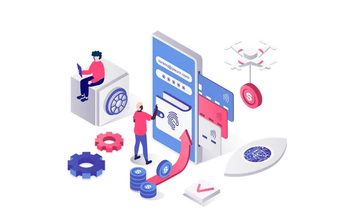 People login with fingerprint scan to banking account with digital credit card  Illustration