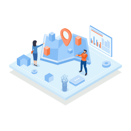 People looking at city map with buildings  Illustration
