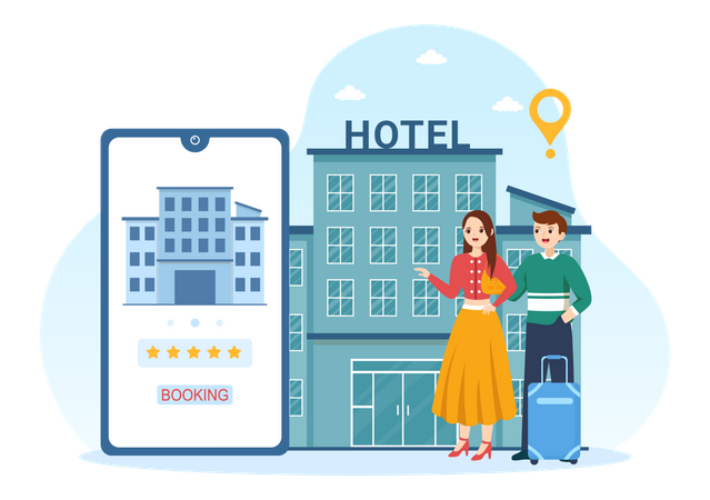 People looking at hotel review Illustration