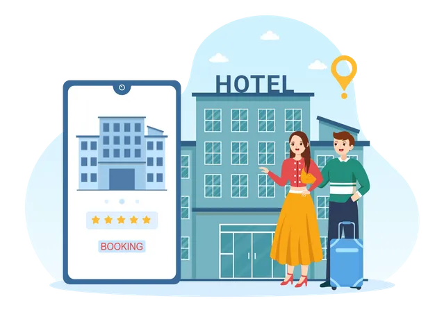 People looking at hotel review Illustration