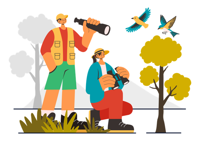 People looking Bird through Binocular  Illustration