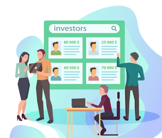 Landing Page Of Business Website Search For Investors Concept People Searching Sponsors For Project Or Startup Colleagues Choosing Candidate From Board With Investor Cards Money In Bank Accounts Illustration