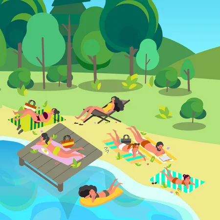 People lying on beach  Illustration