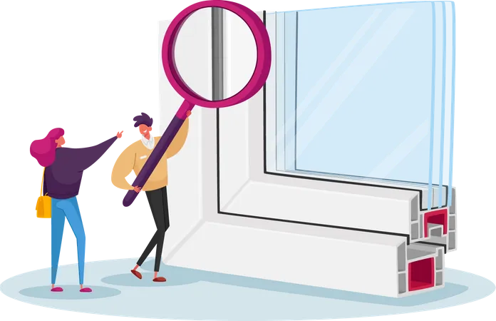 Tiny Male And Female Characters With Huge Magnifying Glass Looking On Sample Of Pvs Window Profile With Triple Hermetics Glass Modern Industrial Or Home Tecnologies Cartoon People Vector Illustration 일러스트레이션