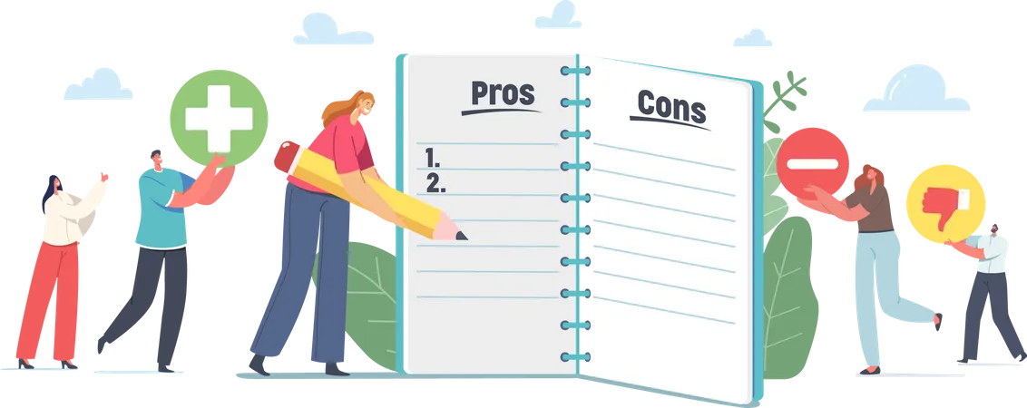 People Make Important Decision Tiny Male And Female Characters At Huge Notebook Sheet Writing Pros And Cons Of Something In Column List Advantages And Disadvantages Cartoon Vector Illustration Illustration