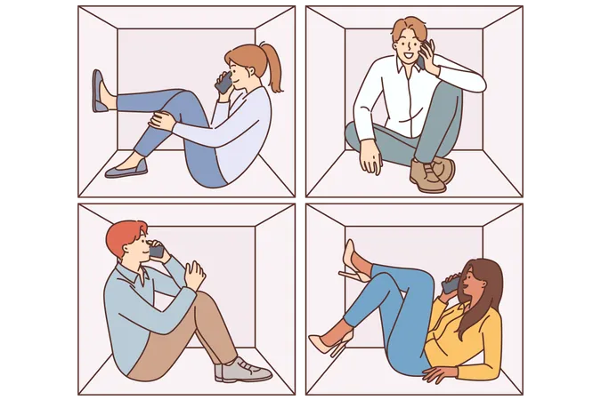People Make Phone Calls Sitting In Cramped Cubes And Chatting For Concept Of Close Quarters And Not Being Claustrophobic Teenage Boys And Girls Holding Phone Discussing Latest News With Friends Illustration