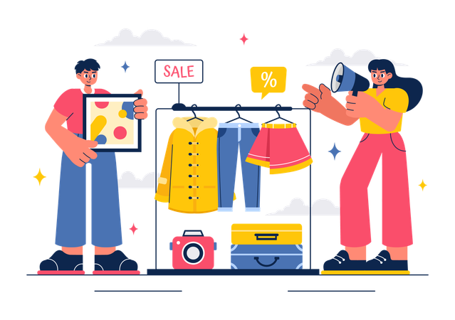 People making announcement for clothes sale in Flea market  Illustration