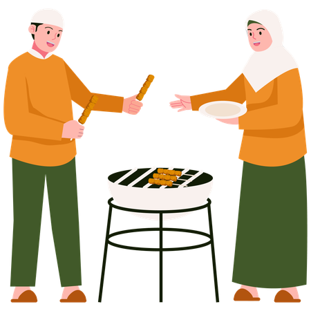 People making Eid Barbecue  Illustration