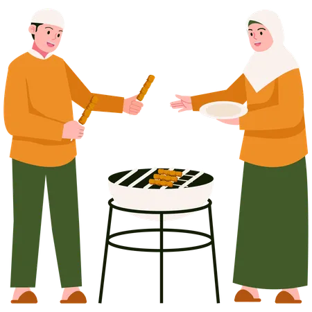 People making Eid Barbecue  Illustration