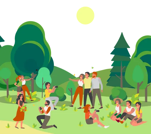 People making selfie and picture public park  Illustration