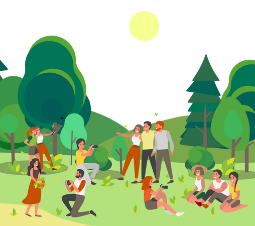 People making selfie and picture public park  Illustration