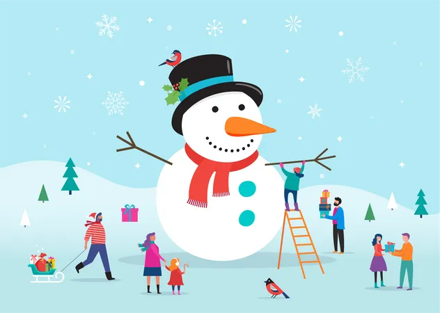 Merry Christmas Card Background Bannner With A Huge Snowman And Small People Young Men And Women Families Having Fun In Snow Skiing Snowboarding Sledding Ice Skating Illustration