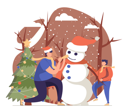 People Making Snowman  Illustration