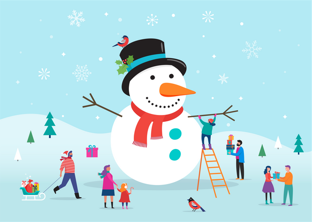 People making snowman  Illustration