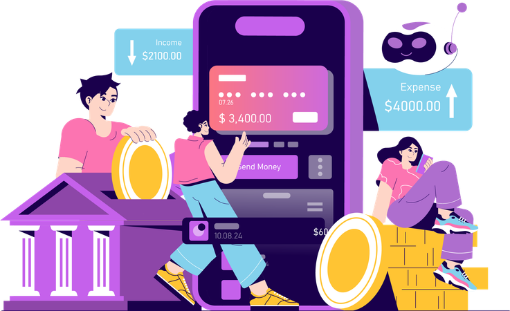 People manage income and expense using mobile app  Illustration