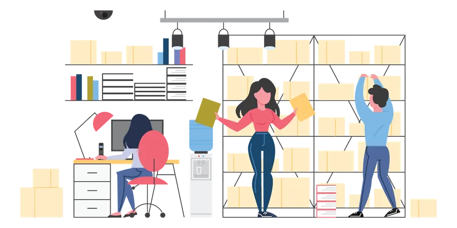 People managing books in library Illustration