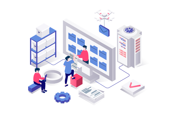 People managing digital documents in folders and interacting catalog at computer screen  Illustration