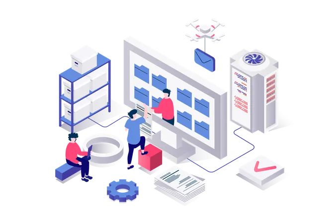 People managing digital documents in folders and interacting catalog at computer screen  Illustration