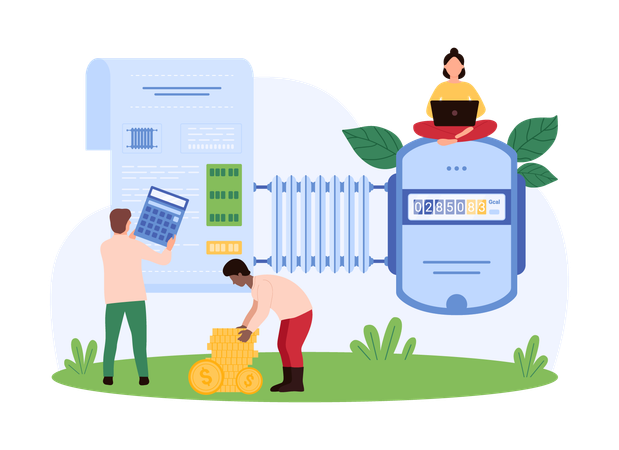 People Managing Heating Utility Bills with Technology  Illustration