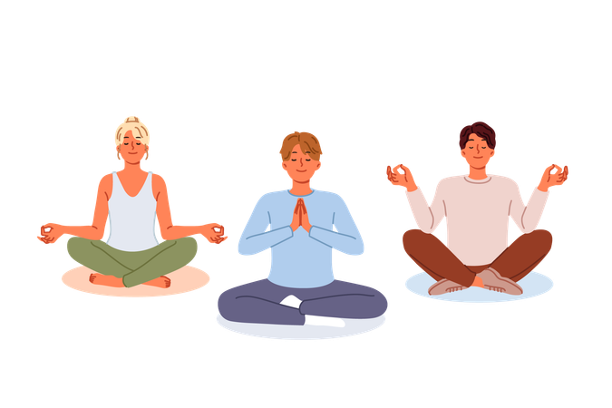 People meditate sitting in lotus position  Illustration