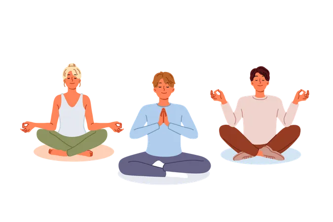 People meditate sitting in lotus position  Illustration