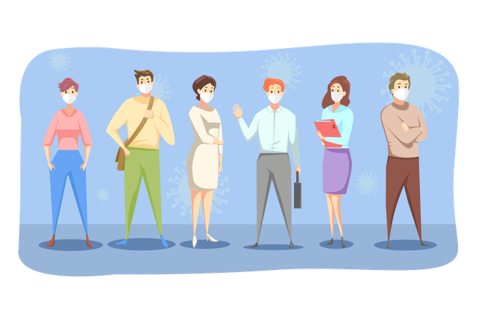 People men women in medical face masks stand together  Illustration