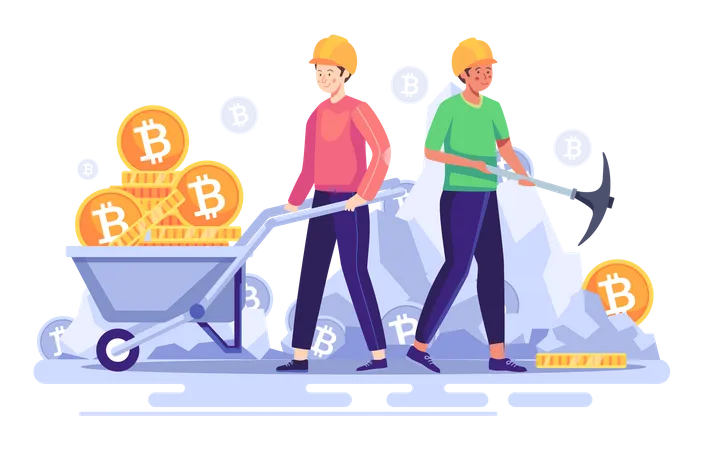 Business Investment Concept Cryptocurrency Concept Of Mining Money Man Holding Pickaxe To Get Crypto Currencya S Coin In Stone Flat Vector Illustration Illustration