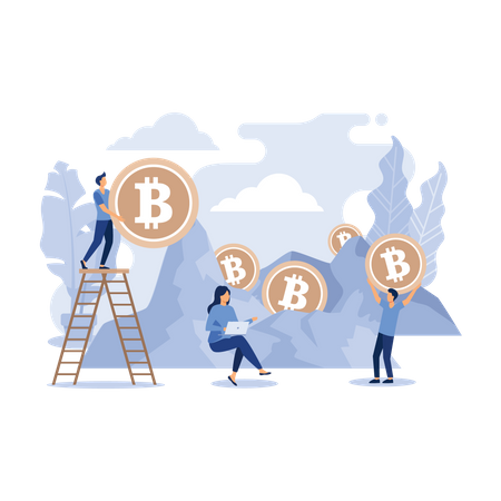 People mining bitcoin from mine Illustration