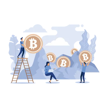 People mining bitcoin from mine Illustration
