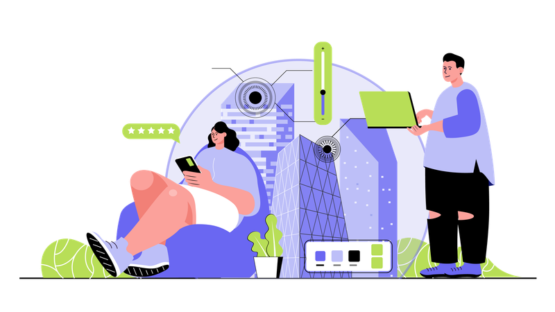 People monitoring and managing homes with eco friendly infrastructure using green electricity in apps  Illustration
