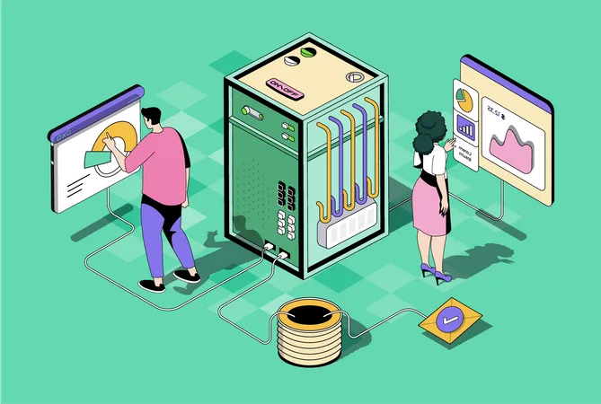 Data Centre Concept In 3 D Isometric Design Woman And Man Work As Tech Administrators Monitoring System And Infrastructure Optimization Vector Illustration With Isometry People Scene For Web Graphic Illustration