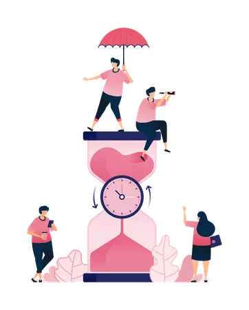 People moving around clock bound by hourglass for countdown  Illustration