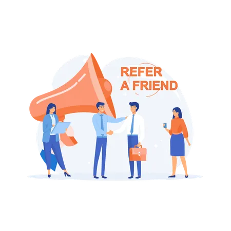 People near megaphone with Referral program word  Illustration