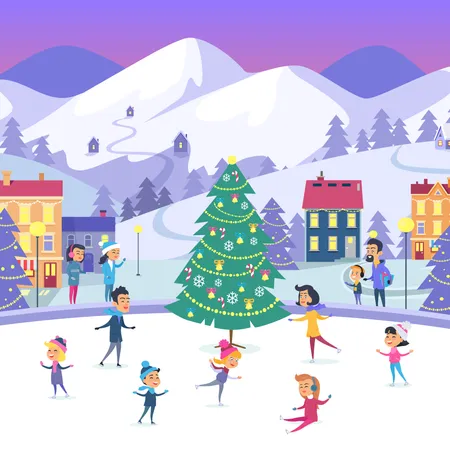 People Of Different Ages Skating On Frozen Surface Vector Illustration With People In Warm Winter Clothes In Various Positions On Urban Icerink With Decorated Xmas Tree Winter Holidays In Town Illustration