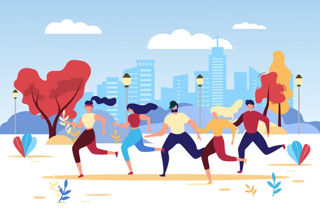 People of Group Running at Park as Sport Competition Illustration