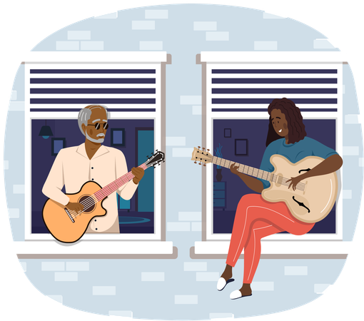 People on balcony are playing guitar together  Illustration