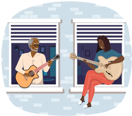 People on balcony are playing guitar together  Illustration