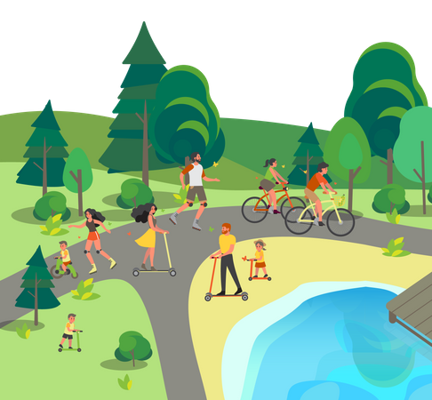 People on bicycle, rollers and scooter Illustration