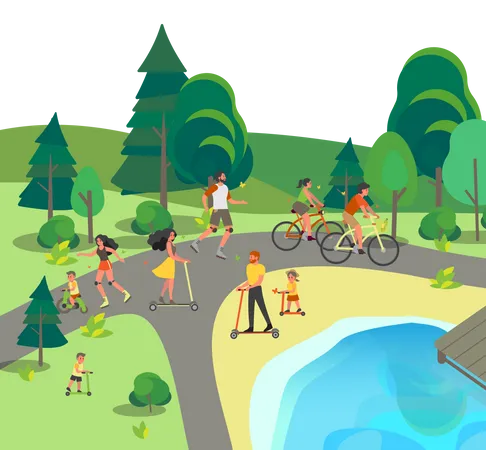 People on bicycle, rollers and scooter  Illustration