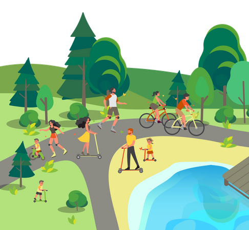 People on bicycle, rollers and scooter  Illustration