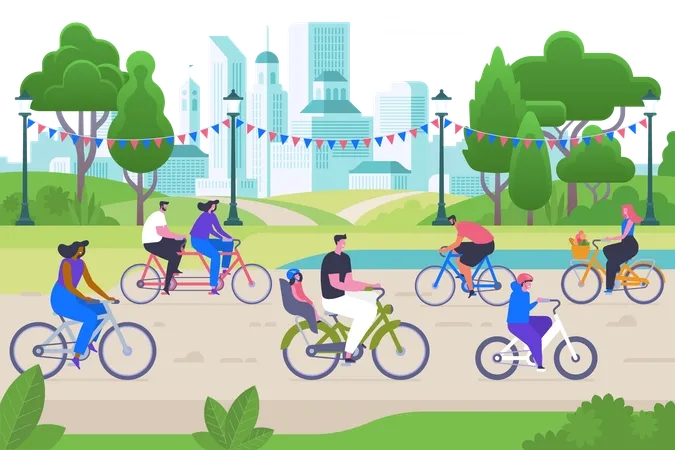 People On Bicycles Flat Vector Illustration Smiling Men And Women Cartoon Characters Active Recreation Healthy Lifestyle Outdoor Activity Eco Friendly Transportation Happy Cyclists In Park Illustration
