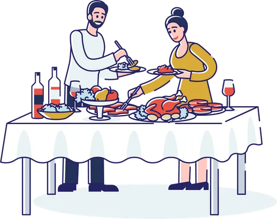 People On Buffet Dinner Cartoon Characters Dining Taking Food During Banquet Celebration Event Or Party Buffet Table Served With Trays Of Dish Drinks And Fruits Linear Vector Illustration Illustration