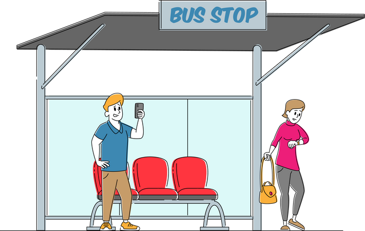 People on Bus Station Illustration