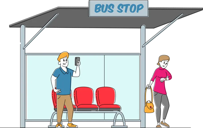 Dwellers Characters On Bus Station Man Stand Near Bench Reading Messages On Smartphone Woman Watching On Watches Citizen Waiting Public City Transport Commuter Linear People Vector Illustration Illustration