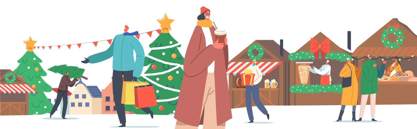 People on Christmas Market Illustration