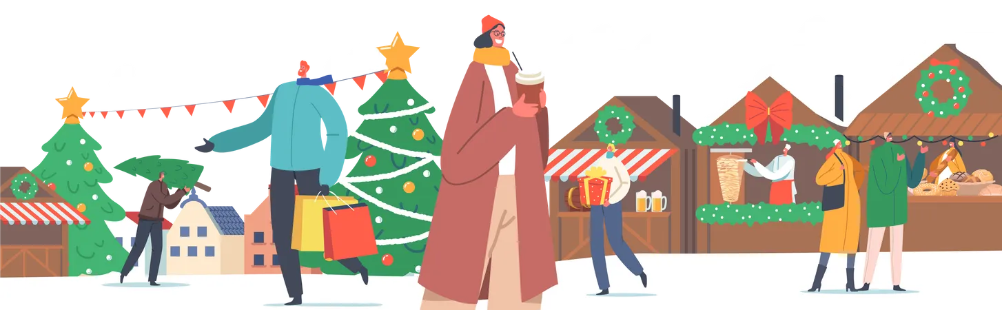 Happy People On Christmas Market Men And Women Buying Gifts And Tree Carry Shopping Bags With Presents Characters Hurry For Sale And Celebration Of Winter Holidays Cartoon Vector Illustration Illustration