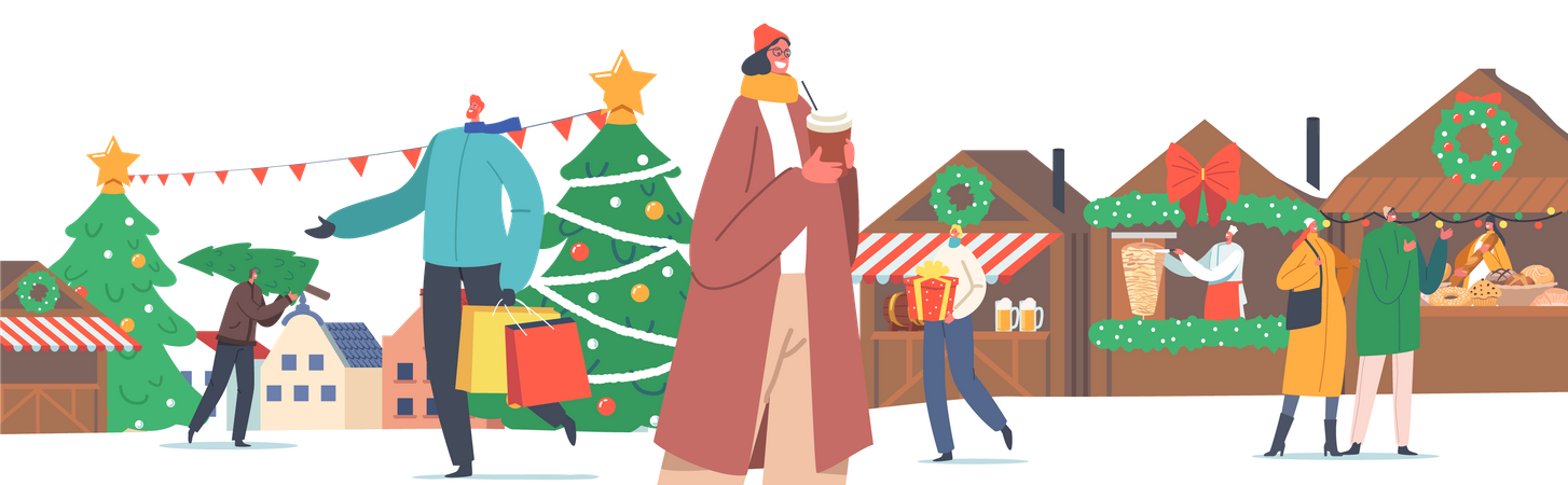 People on Christmas Market  Illustration