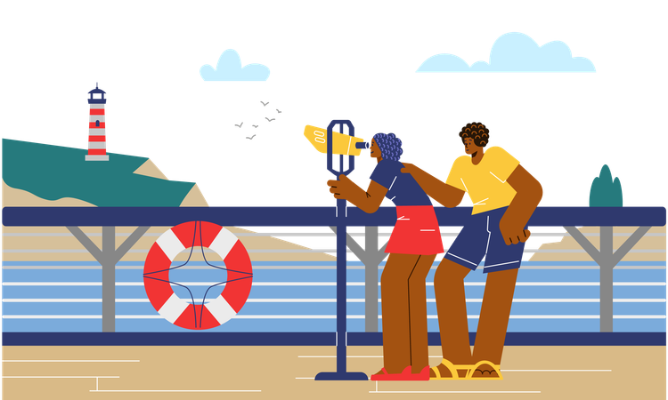 People on cruise looking through binoculars at coast and island  Illustration