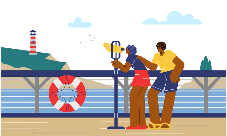 People on cruise looking through binoculars at coast and island  Illustration
