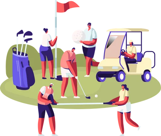 Happy People On Golf Field Summer Relaxing At Golfclub Summertime Sports Outdoor Fun Activity Healthy Lifestyle Young Characters With Golf Equipment And Cart Cartoon Flat Vector Illustration イラスト